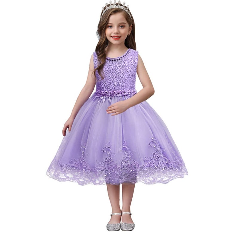 DreamHigh Flower Girl's Floral-Embroidered Pearl Embellished Evening Dress Up Purple - 4Y - Image 4